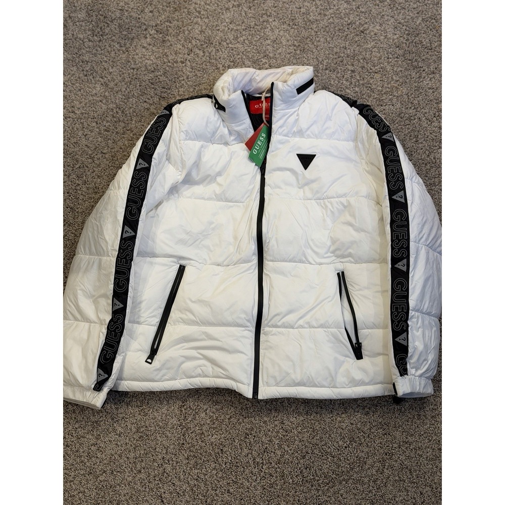 GUESS Men's Puffer Jacket Pure White Black Logo Tape Size XL NWT $119.99 MSRP